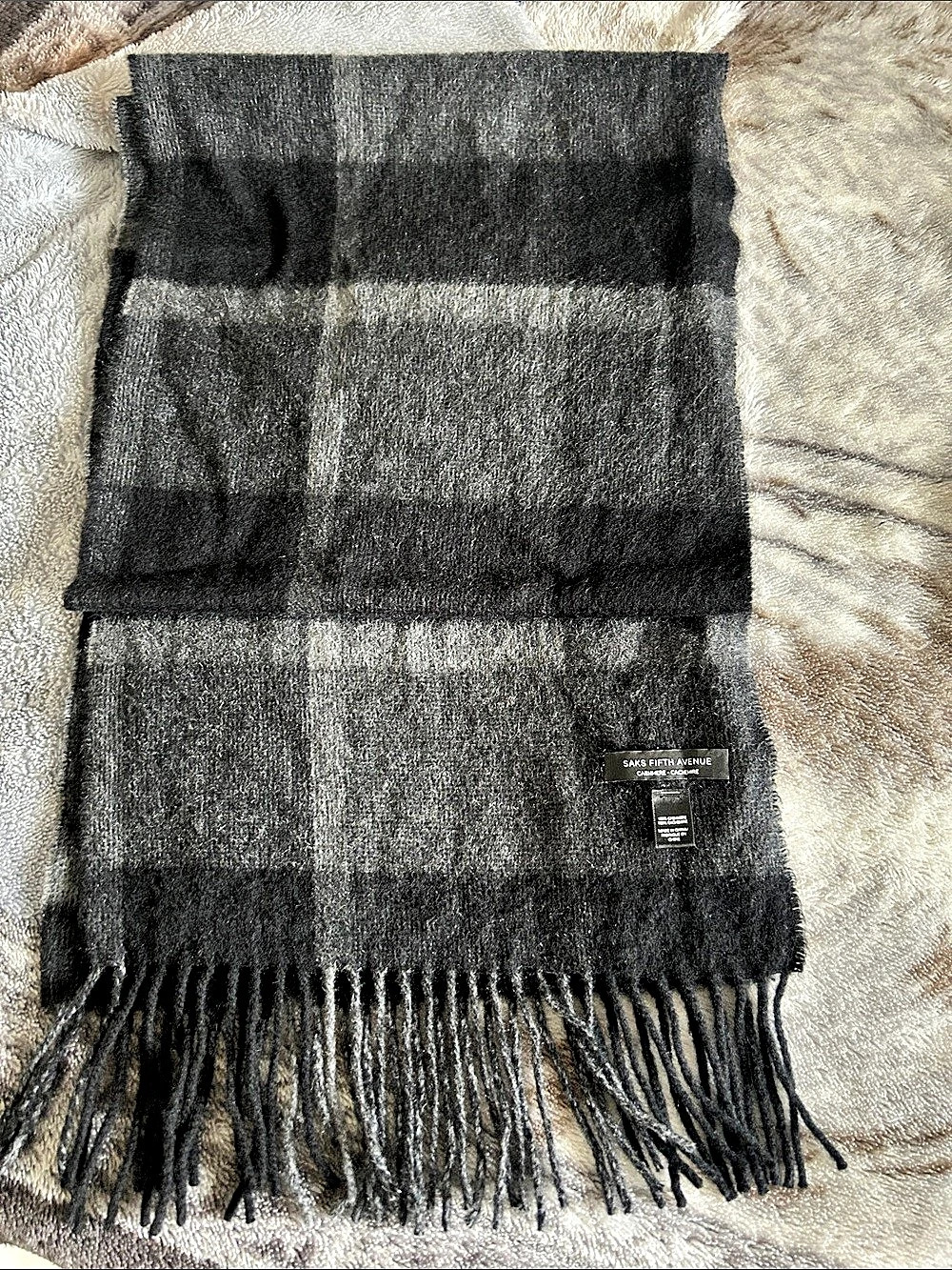 Saks Fifth Avenue 100% Cashmere Gray Plaid Fringe Scarf